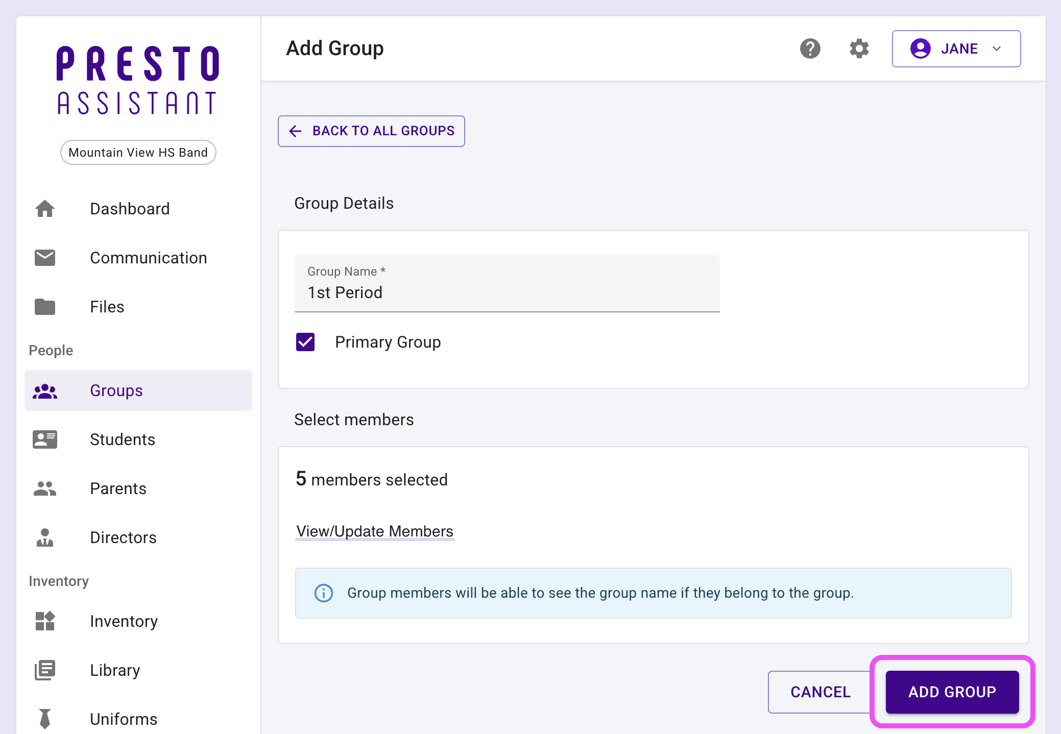 Group form with the Add to Group button highlighted.