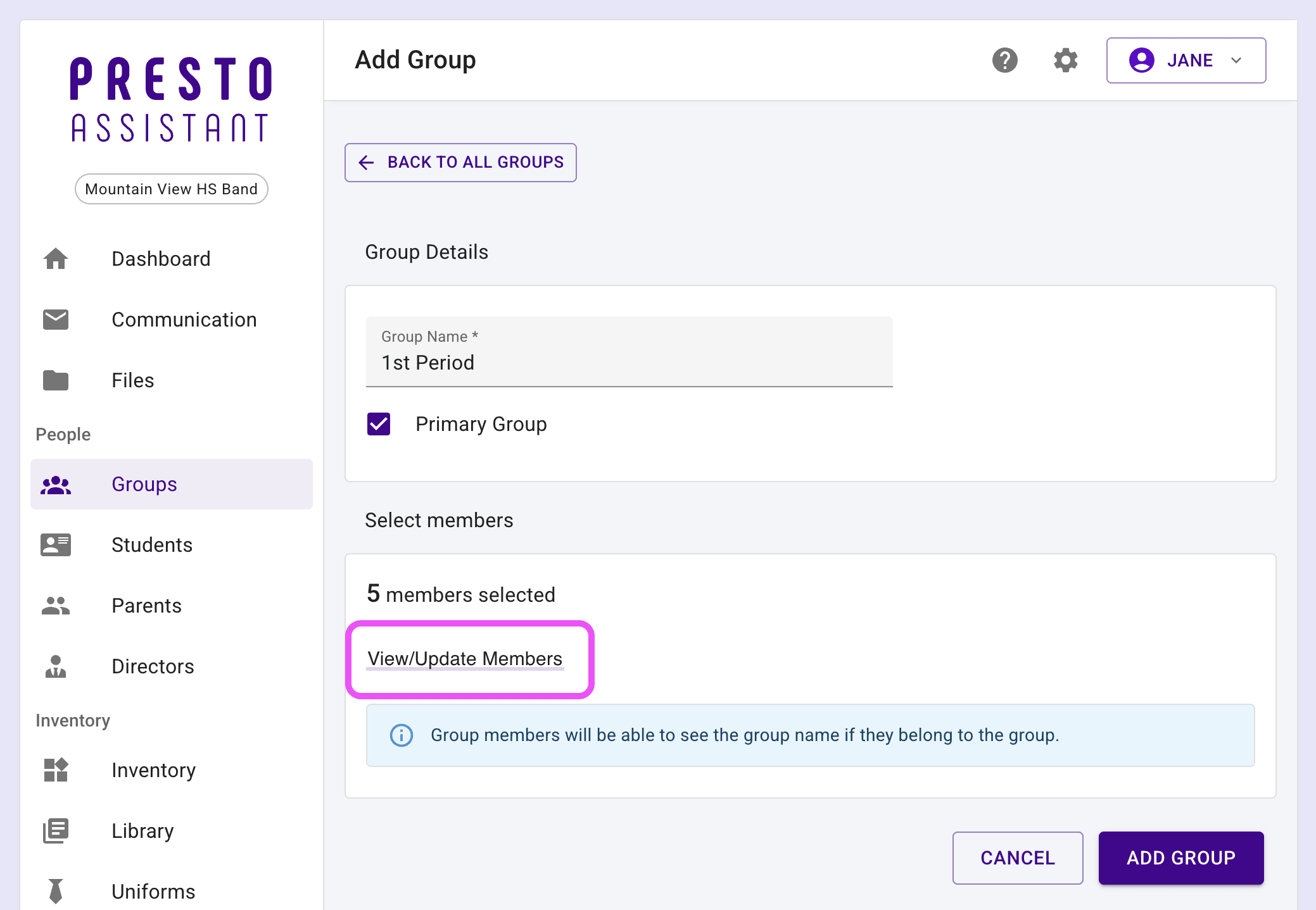 Group form with the View/Update Members area highlighted.