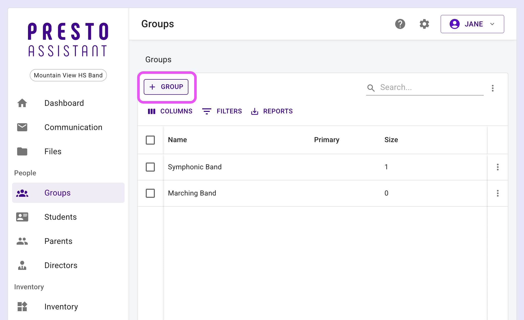 Groups table with arrow pointing to the Add button.