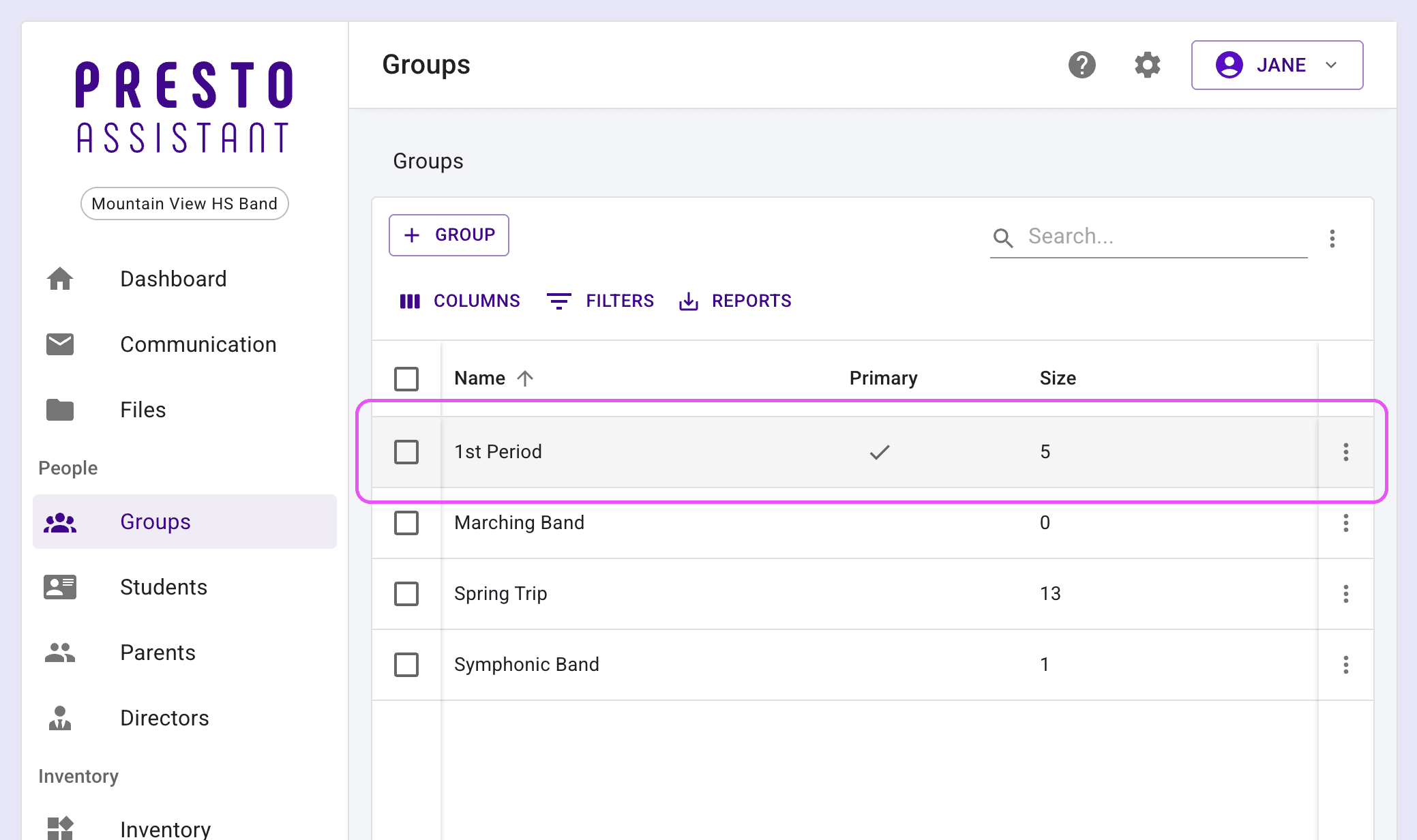 Groups table with recently-added group highlighted.