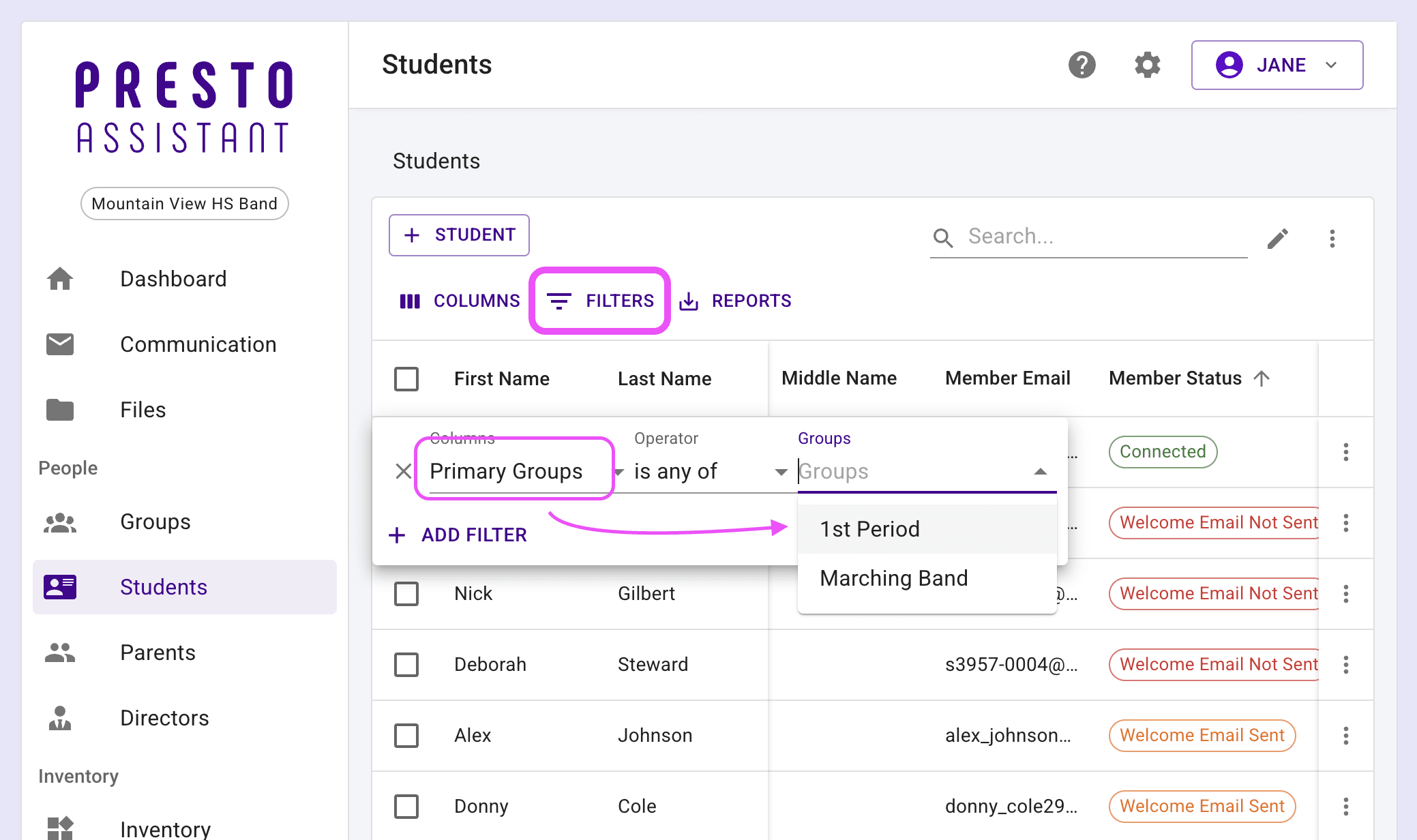 Table filter for Group is highlighted, pointing the the new group.