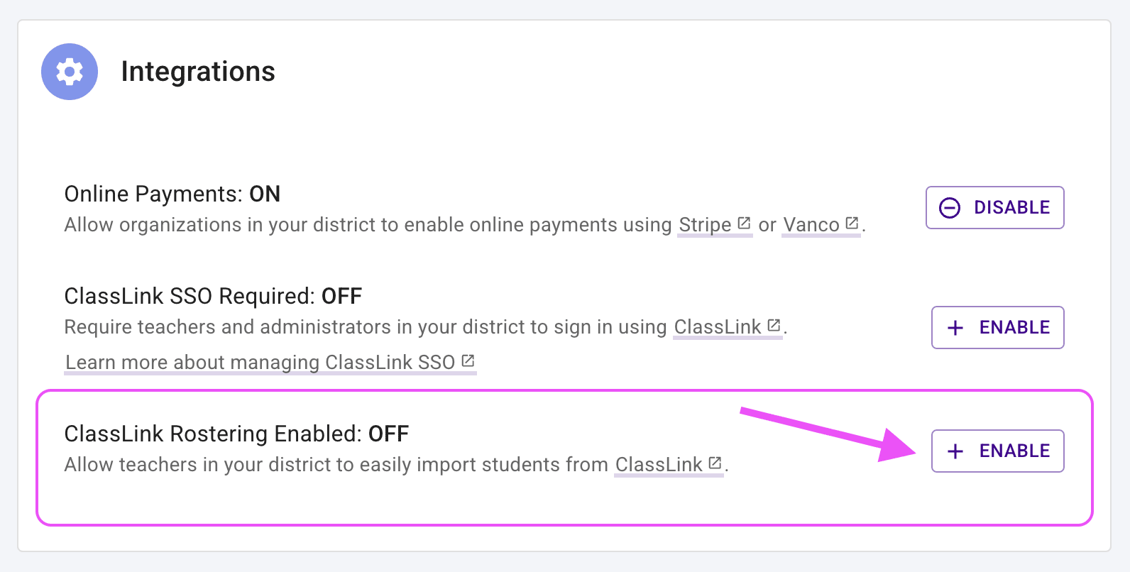 District settings page highlighting the Enable button for the ClassLink SSO integration.