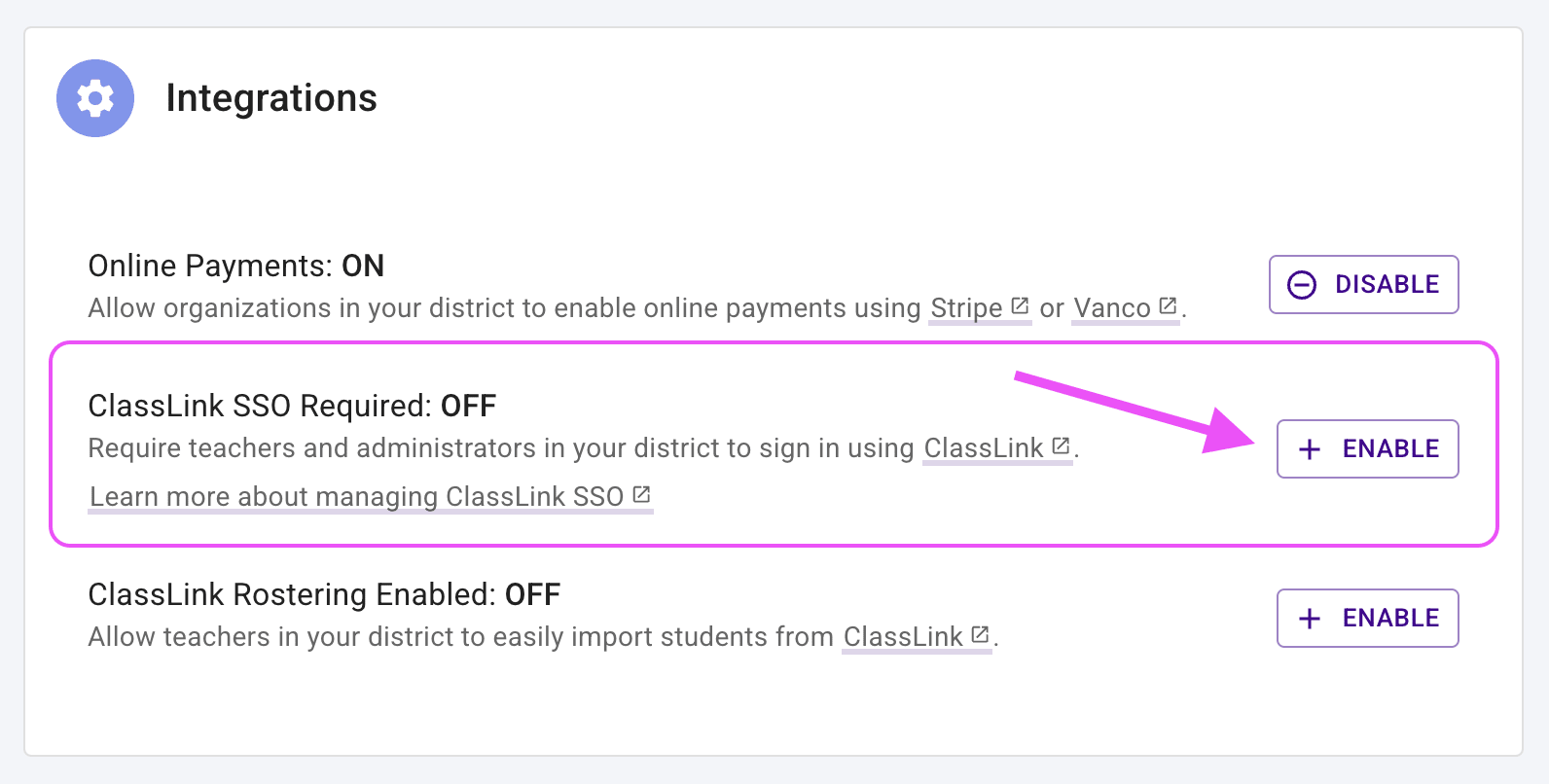 District settings page highlighting the Enable button for the ClassLink SSO integration.