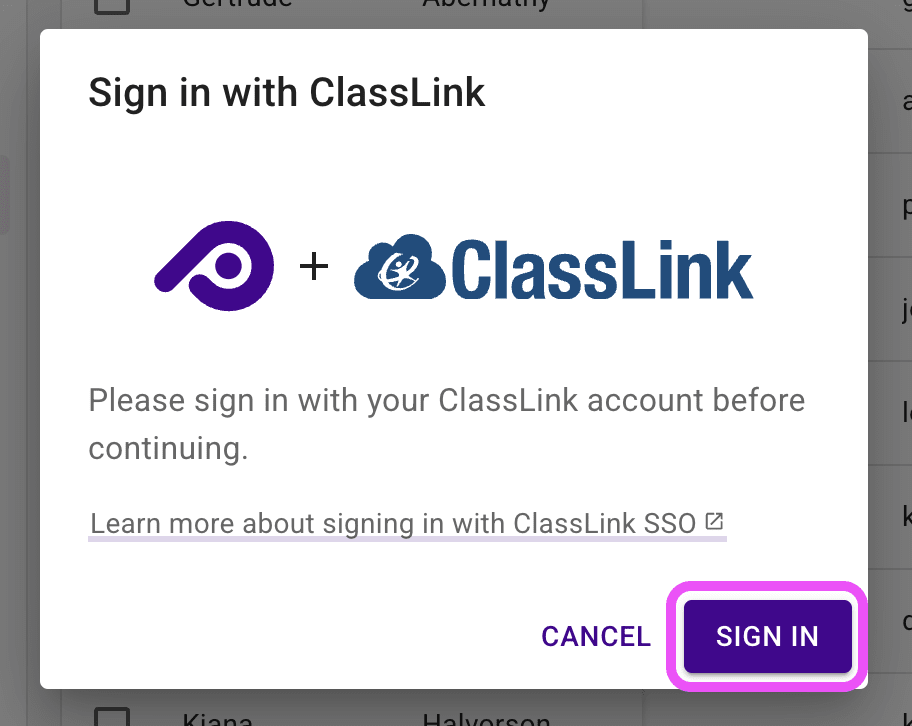 ClassLink sign-in dialog.