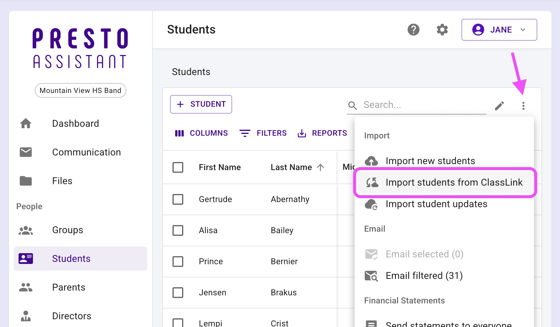 Students table highlighting the more actions icon button and menu.