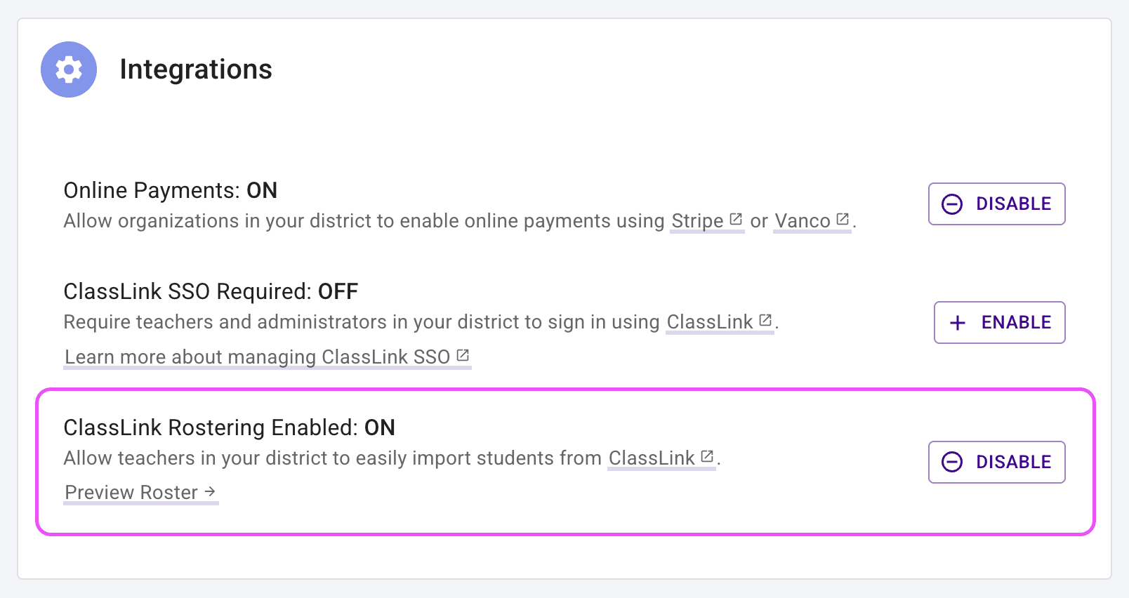 District settings page highlighting the Disable button for the ClassLink SSO integration.