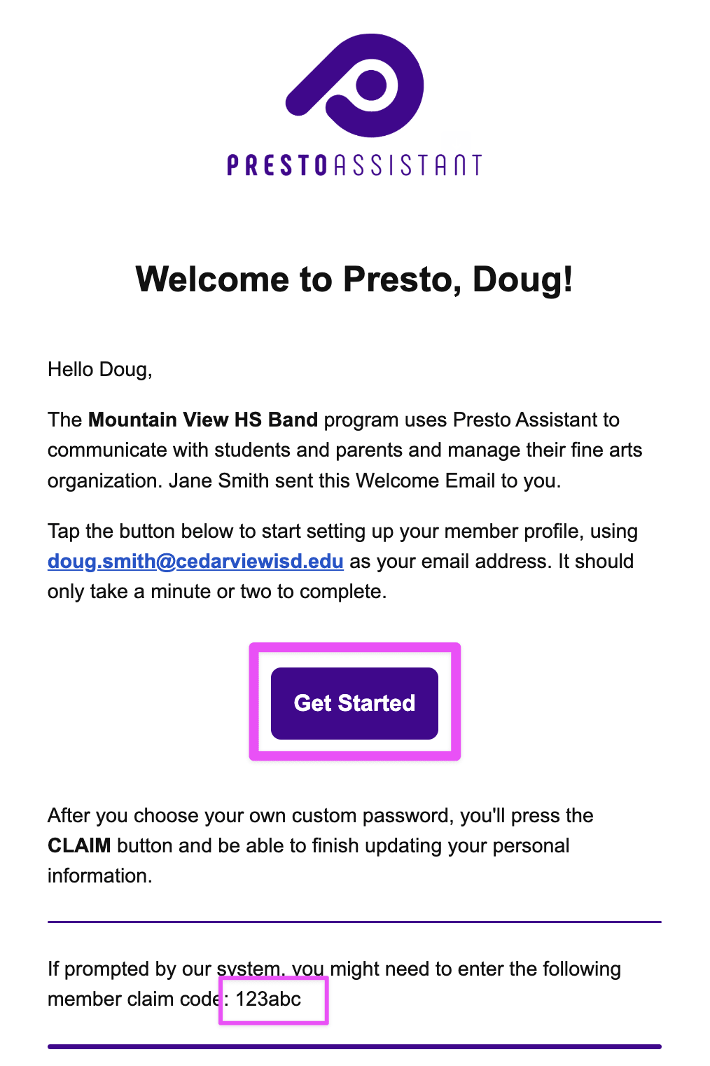 Welcome email highlighting the Get Started button.
