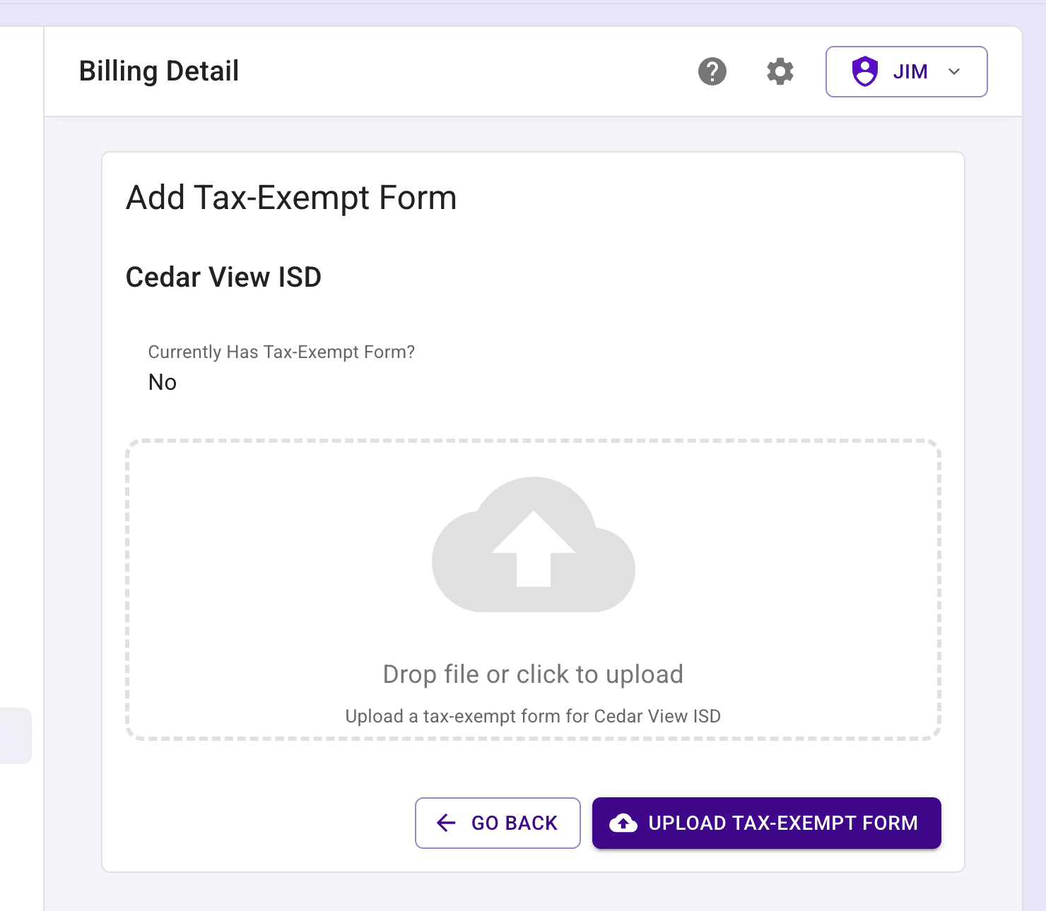 Upload input showing where to drop the tax-exempt form.