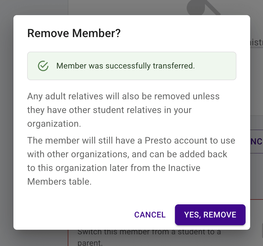 Confirmation dialog to transfer a student highlighting the submit button.