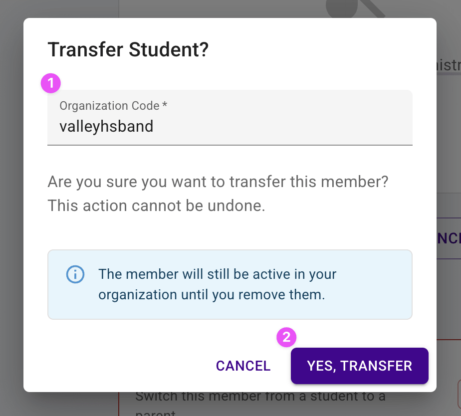 Confirmation dialog to transfer a student highlighting the submit button.
