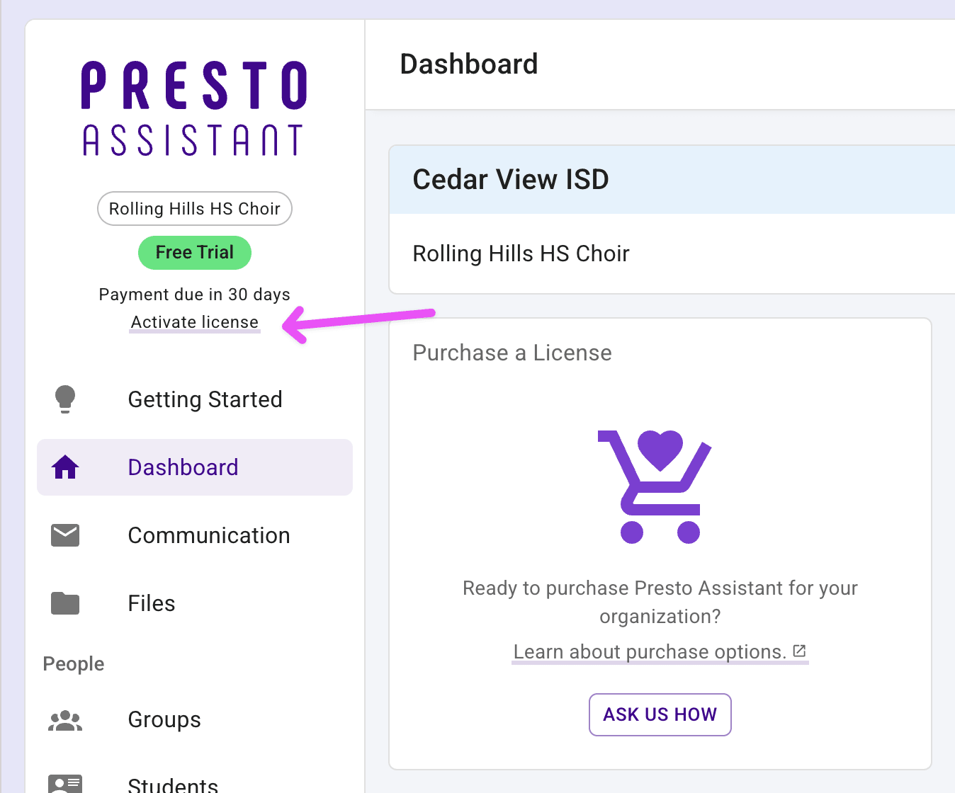 Director view highlighting the "Activate license" link.