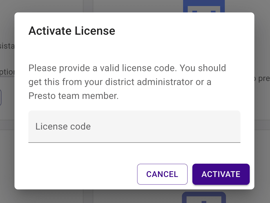 Dialog to activate a license code.