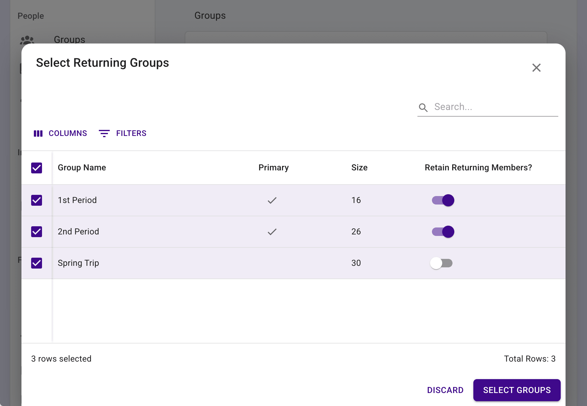 Select Returning Groups table.