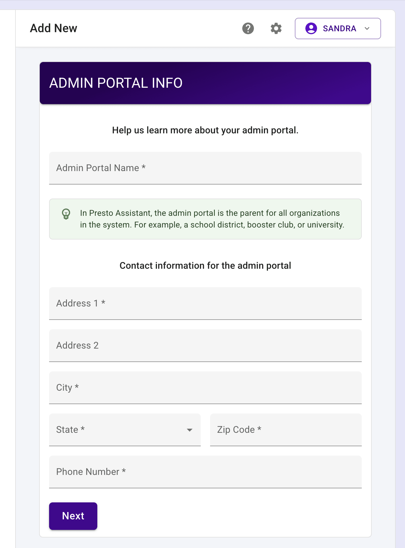 Image of admin portal Form.