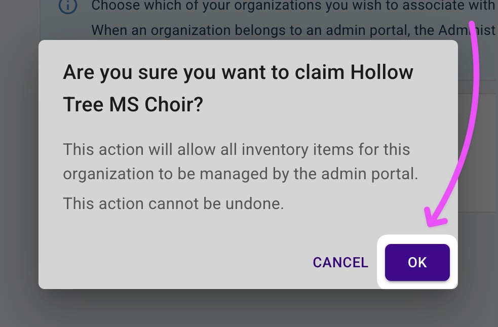 Confirmation dialog asking if the administrator approves the claim of the organization