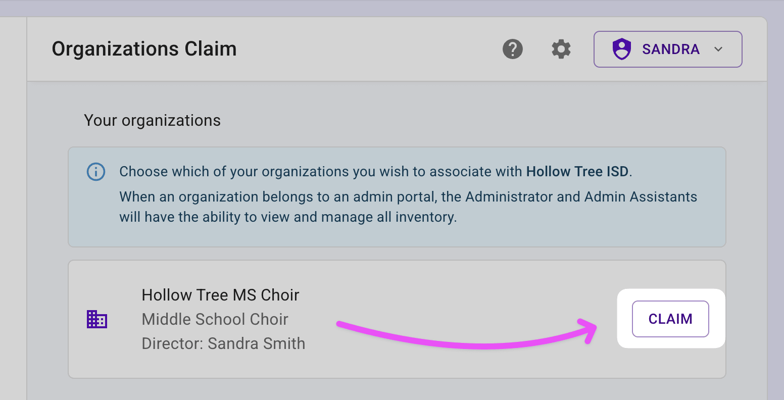 Organizations Info page showing organizations that are available to claim.