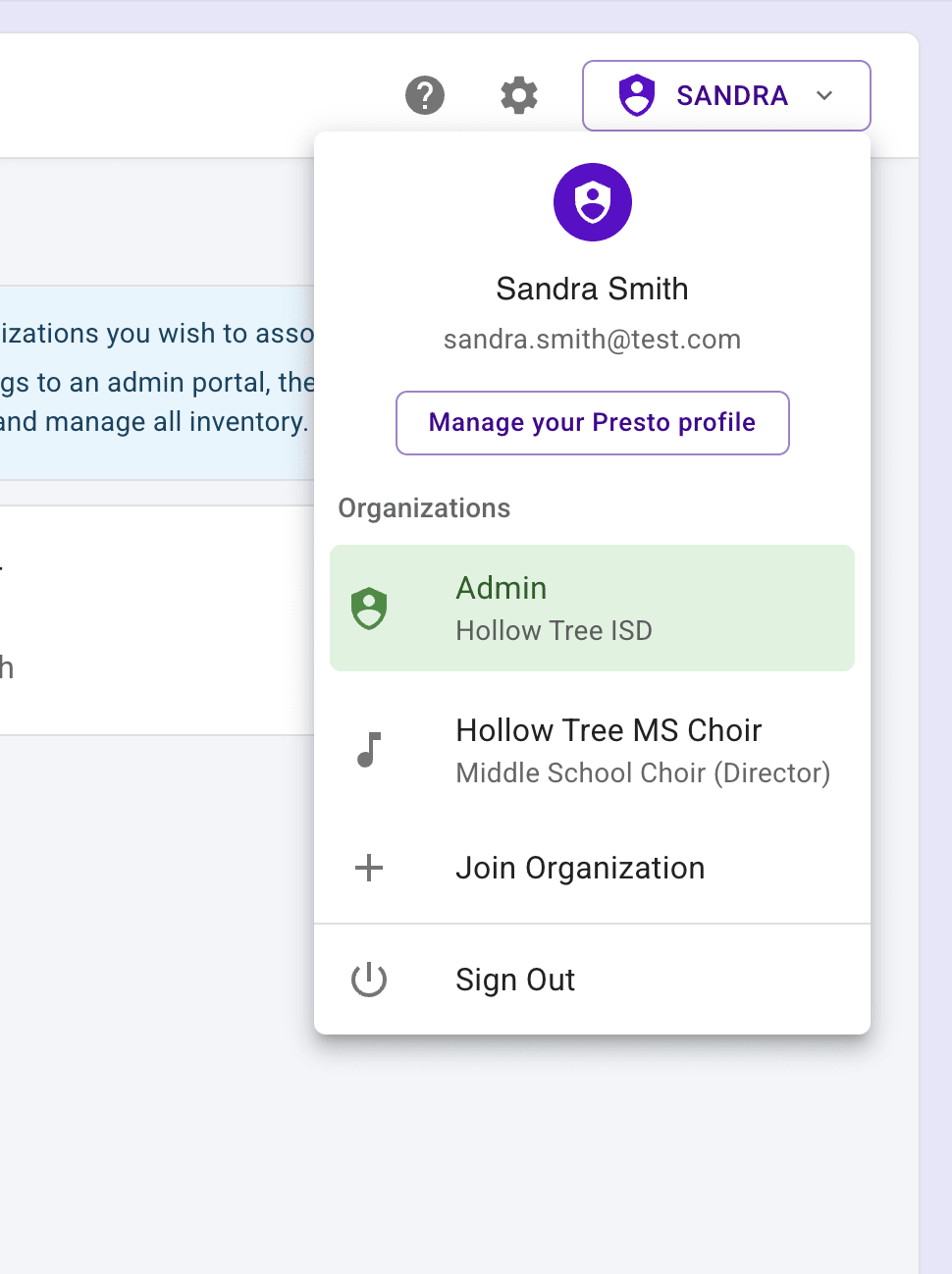 Profile menu showing options to switch between an admin portal and an organization