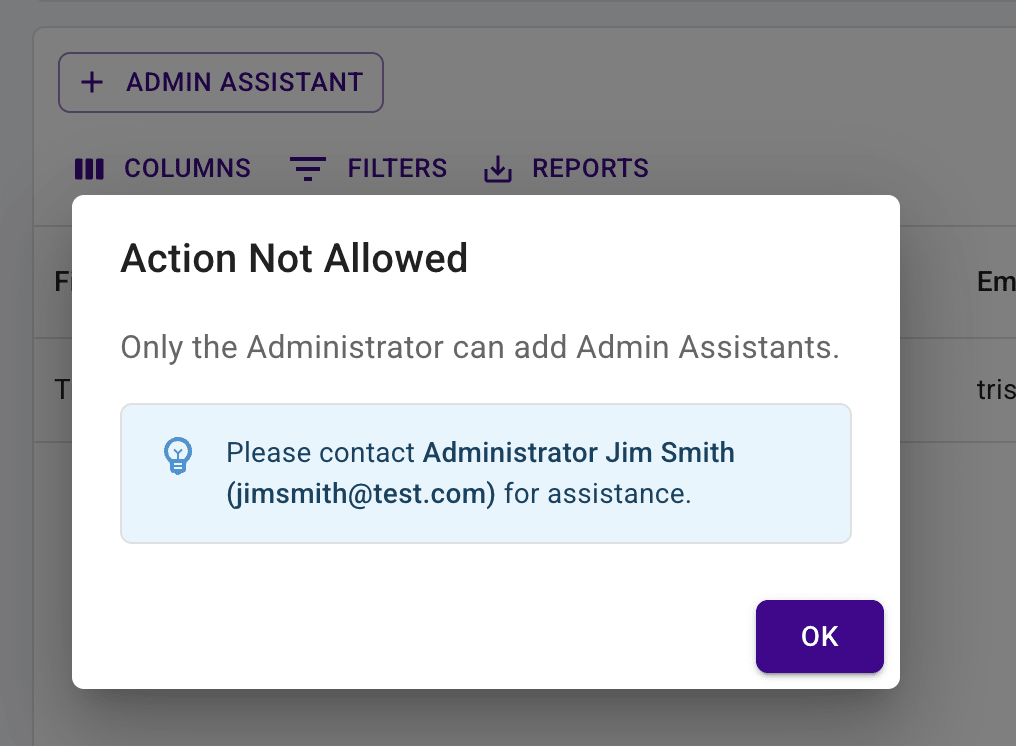 Dialog showing message about contacting the admin to add a new admin assistant.