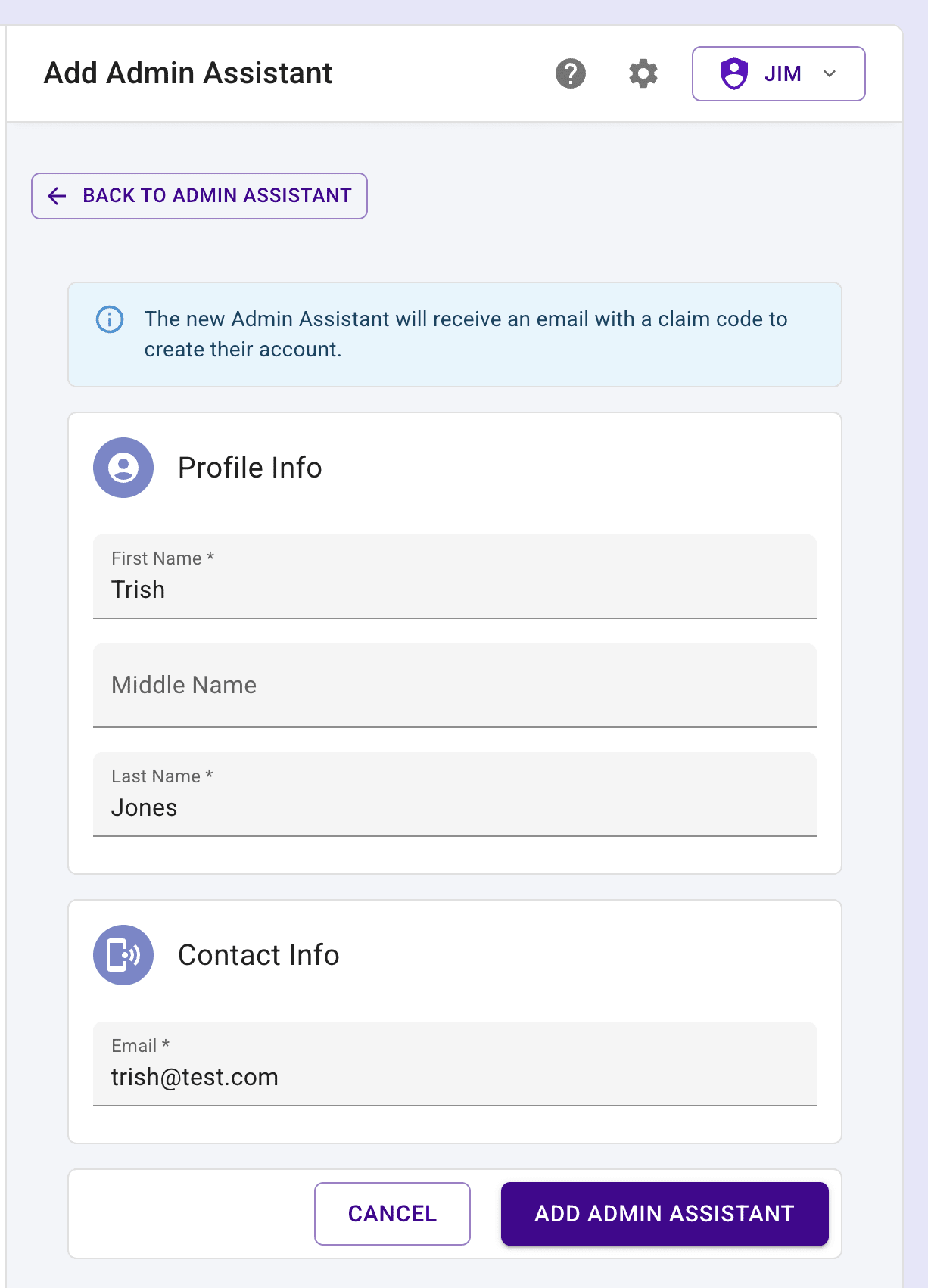 Form to fill in Admin Assistant information.