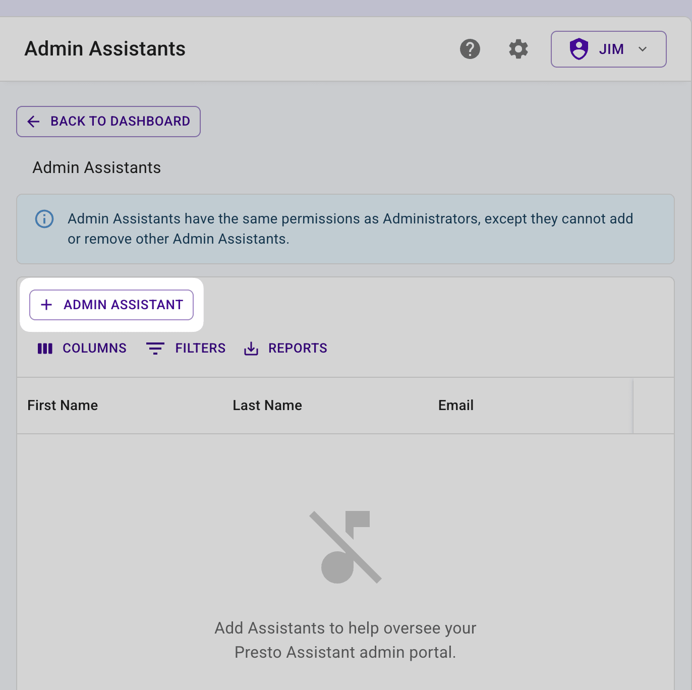 Admin Assistants table highlighting the Add button.