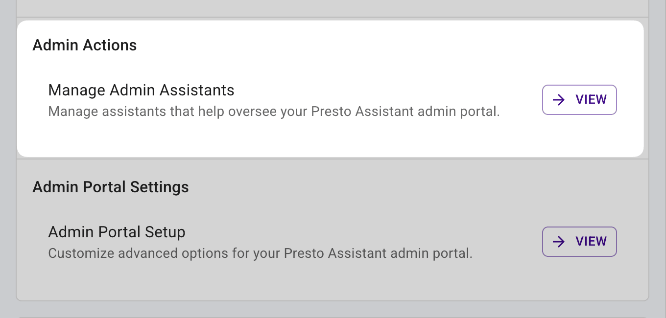 Admin portal Settings page showing the Admin Assistants section.