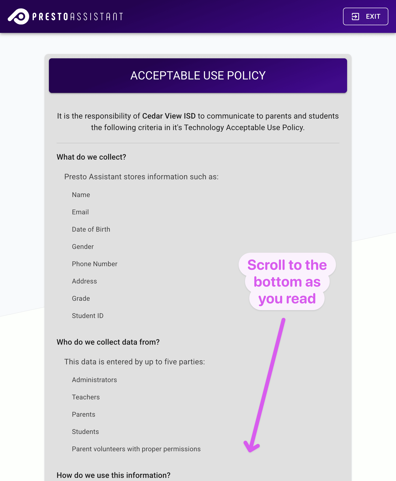 Acceptable Use Policy page with text instructions to continue scrolling to the bottom of the page.