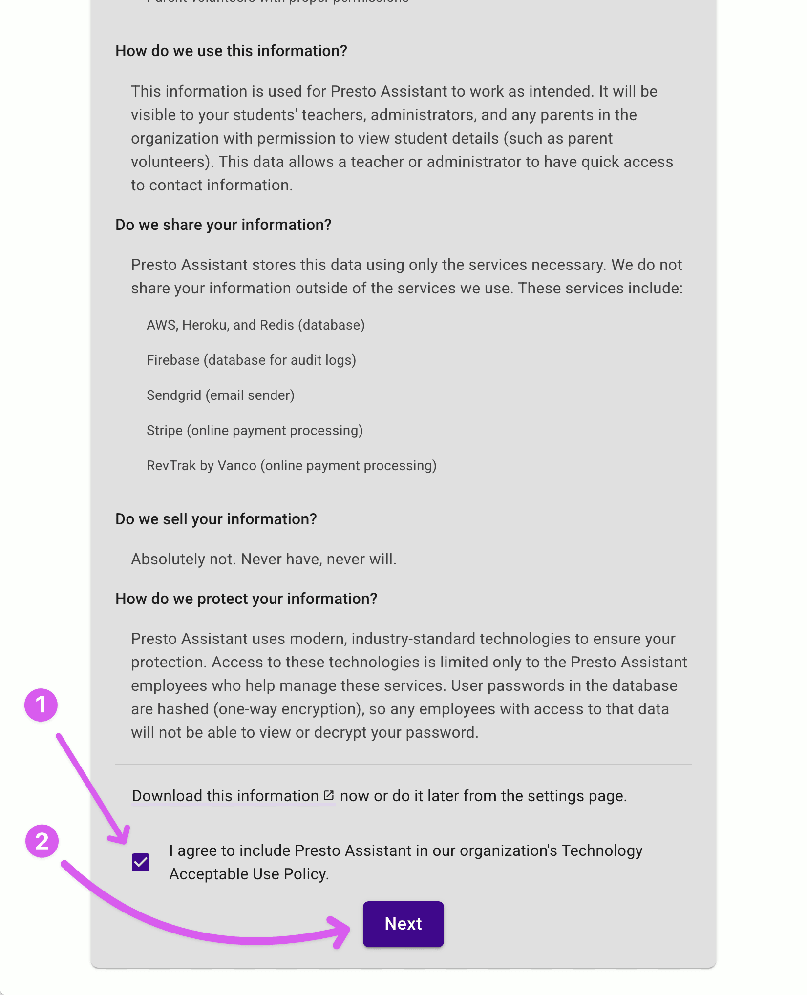 Acceptable Use Policy page with arrow pointing to the checkbox and the submit button highlighted.