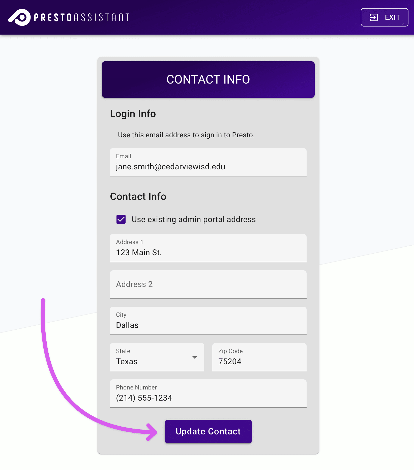 Contact Info form with the submit button highlighted.