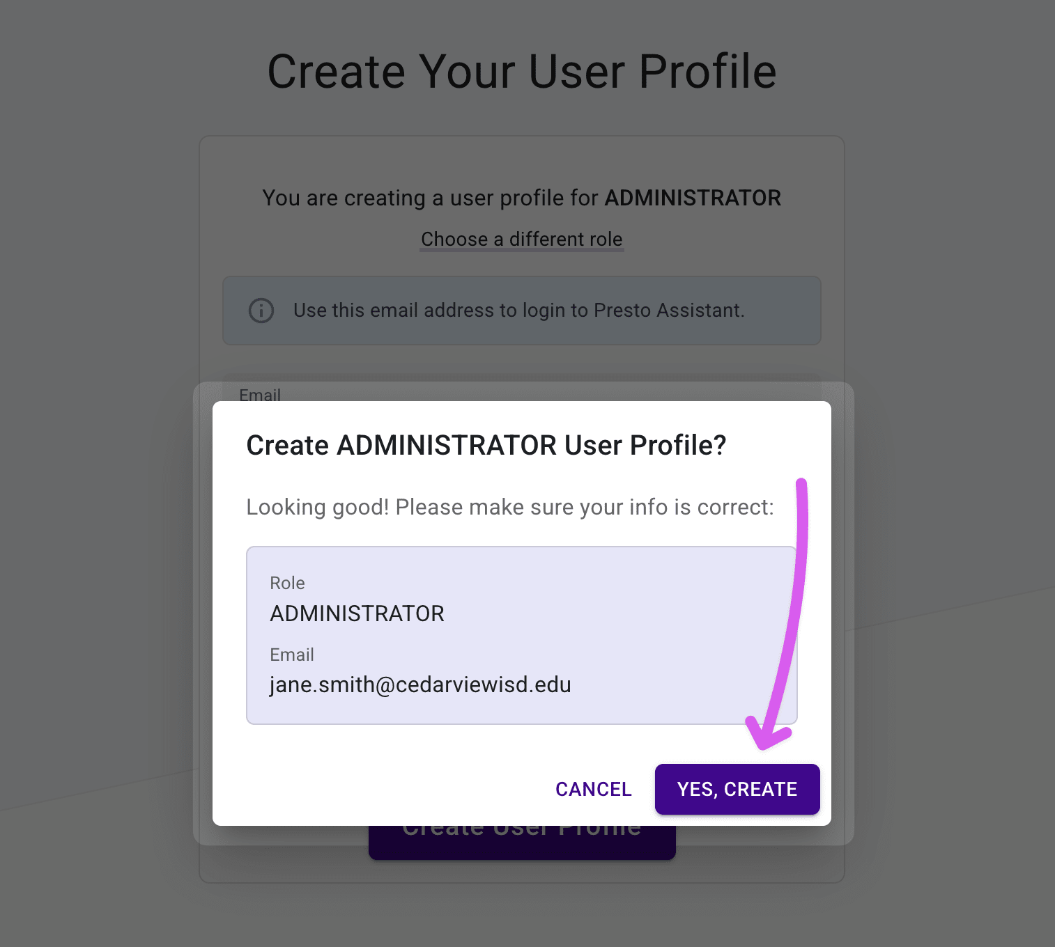 Confirmation dialog highlighting the submit button.