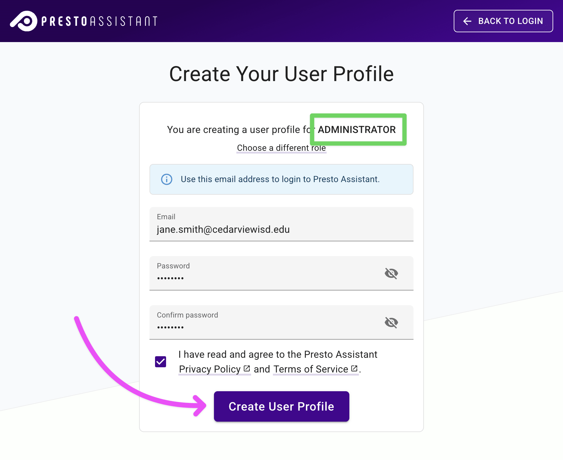 Sign up form highlighting the Administrator role at the top and the submit button at the bottom.