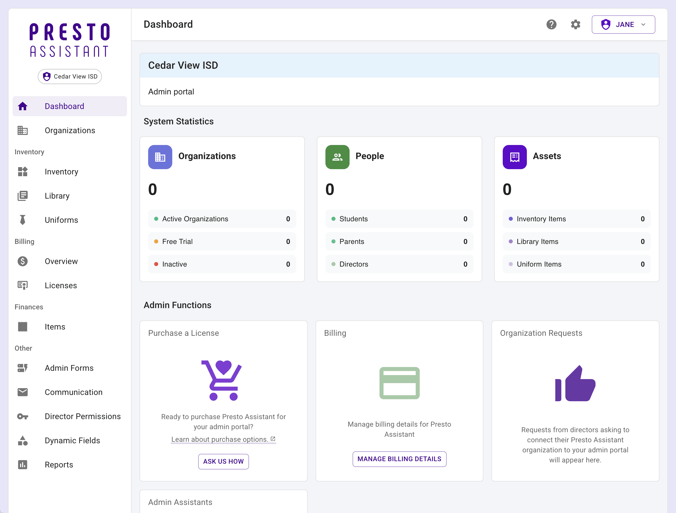 Admin view of the Presto Assistant dashboard.