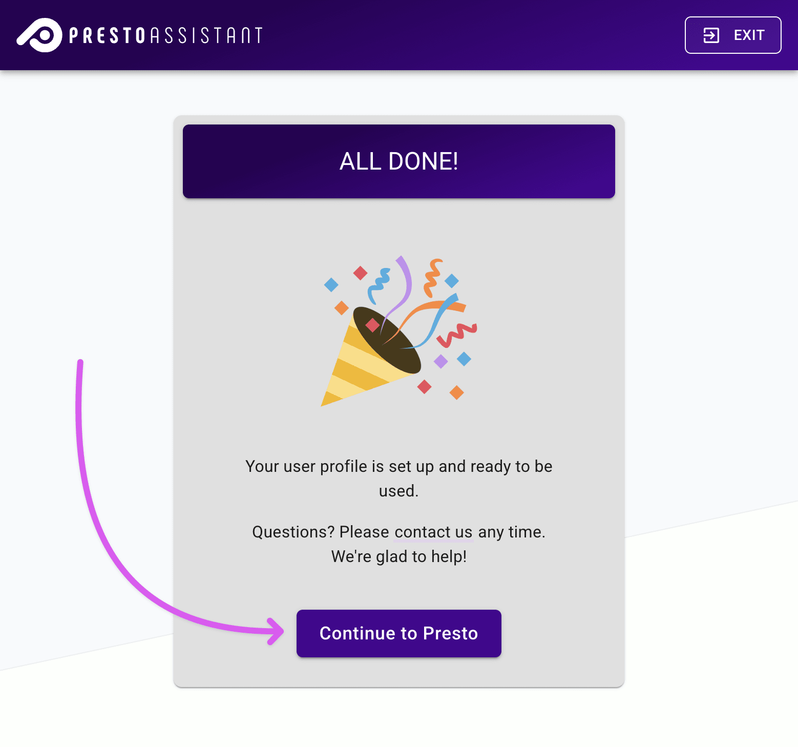 Final screen of Onboarding steps with the Continue button highlighted.