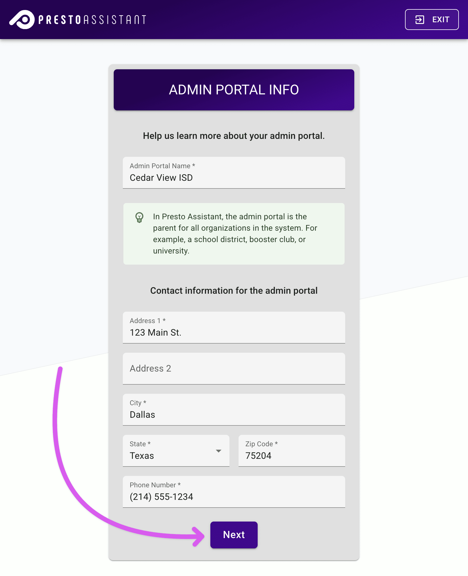 Admin portal form highlighting the submit button.