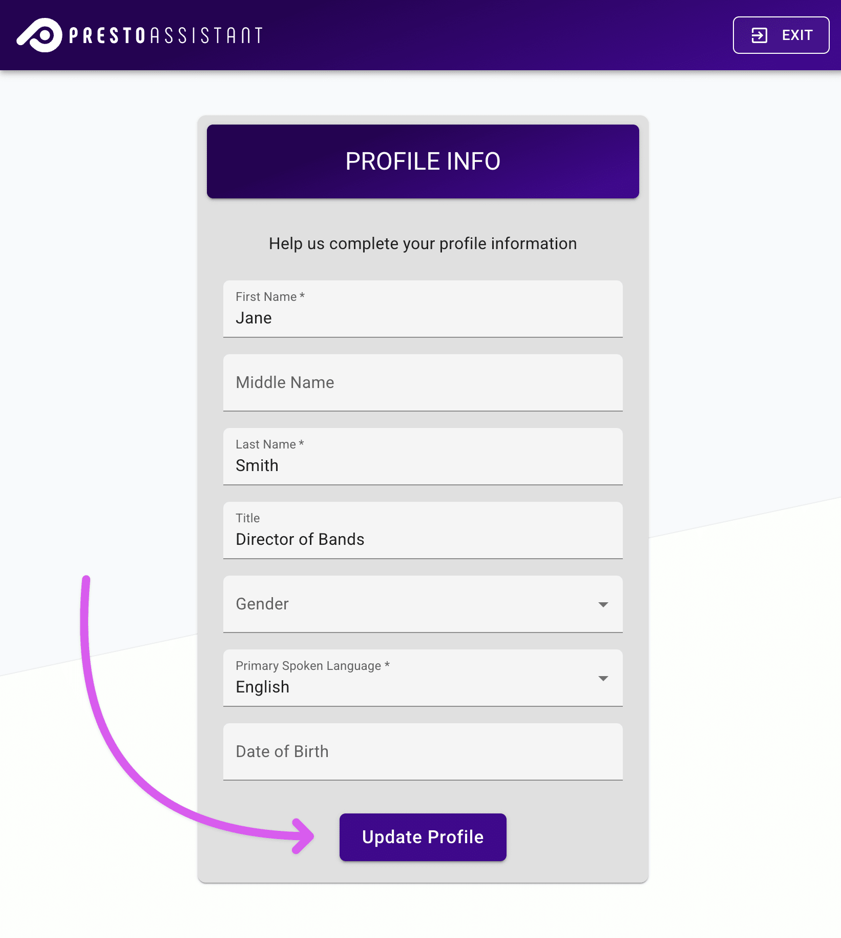 Profile Info form with the submit button highlighted.