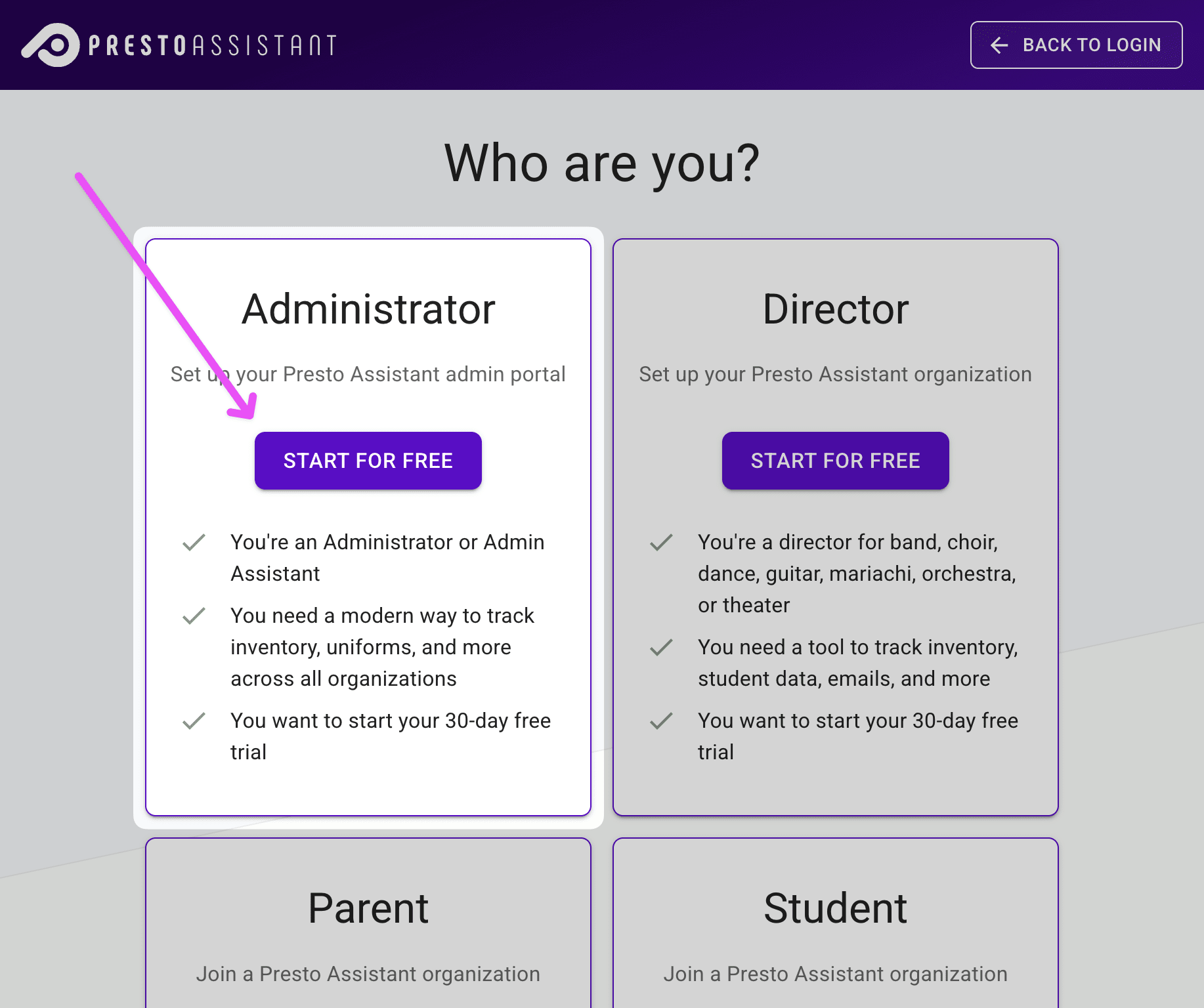 Sign up page highlighting the Administrator option.
