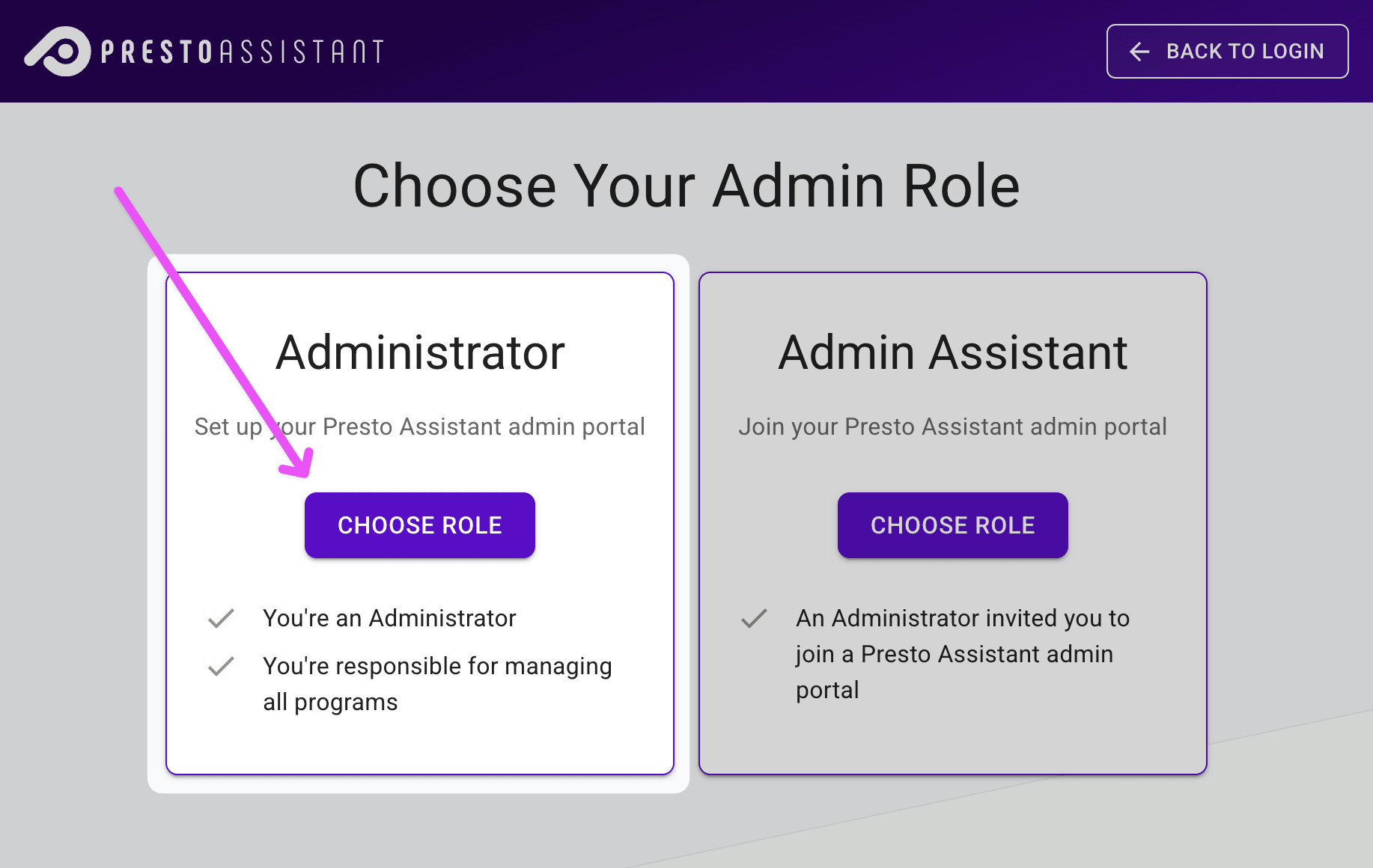Sign up page highlighting the Administrator role.