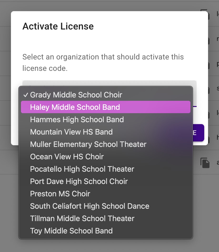 Confirmation dialog showing the menu options for all organizations.