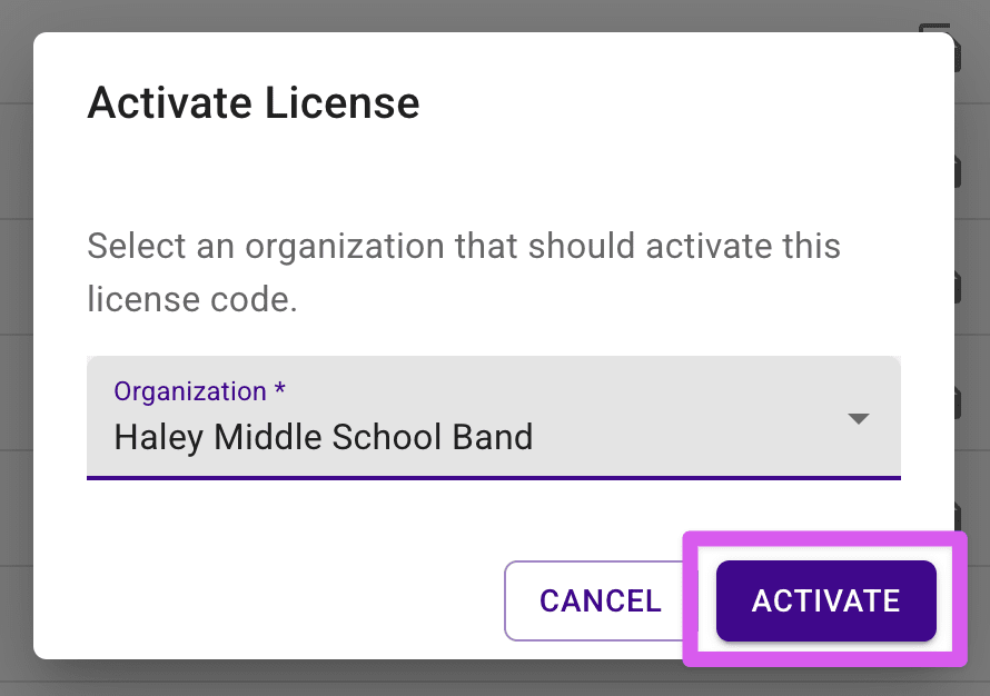Confirmation dialog highlighting the Activate button.