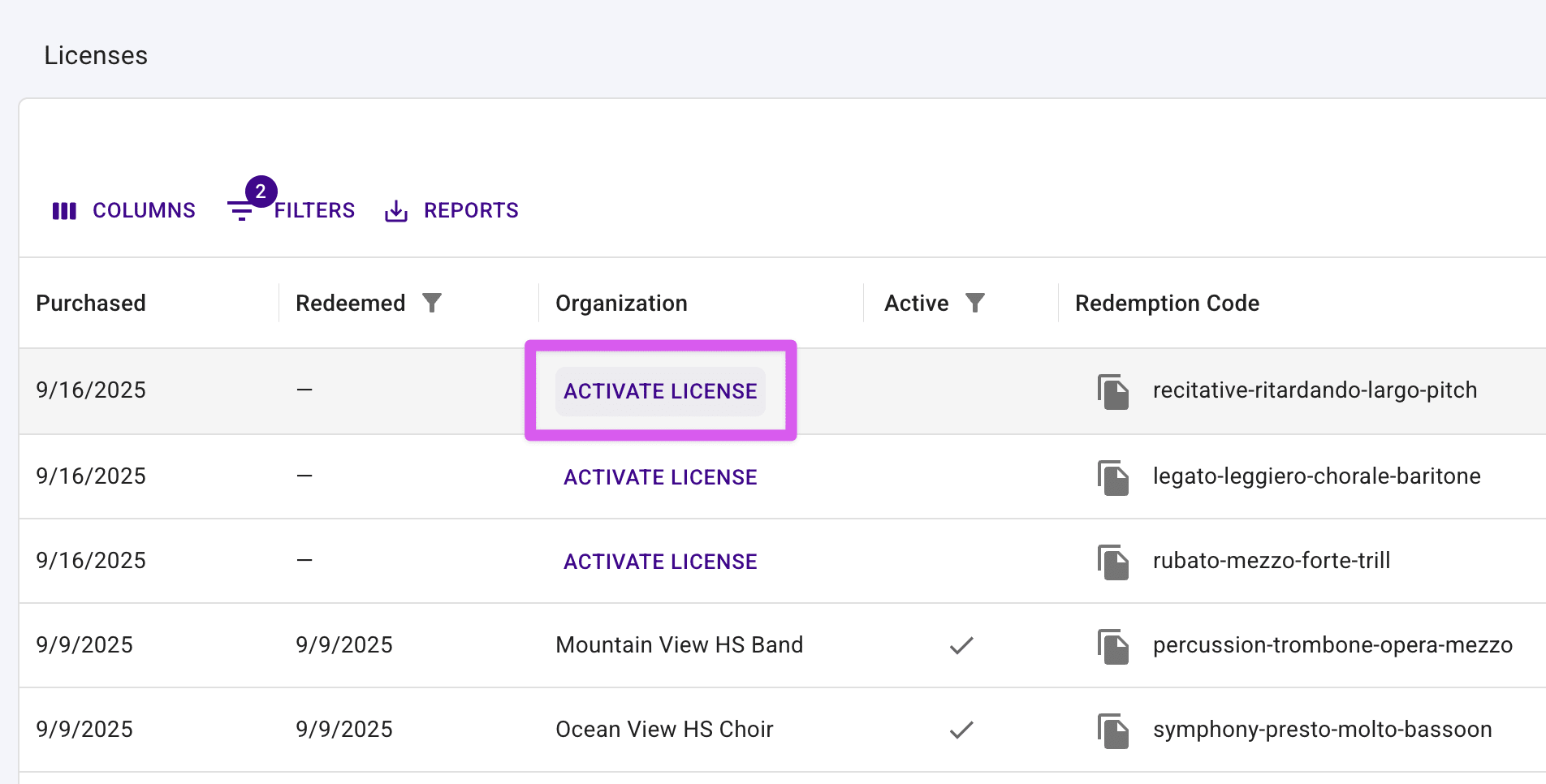 Licenses table highlighting a button labeled Activate in the Organization column.