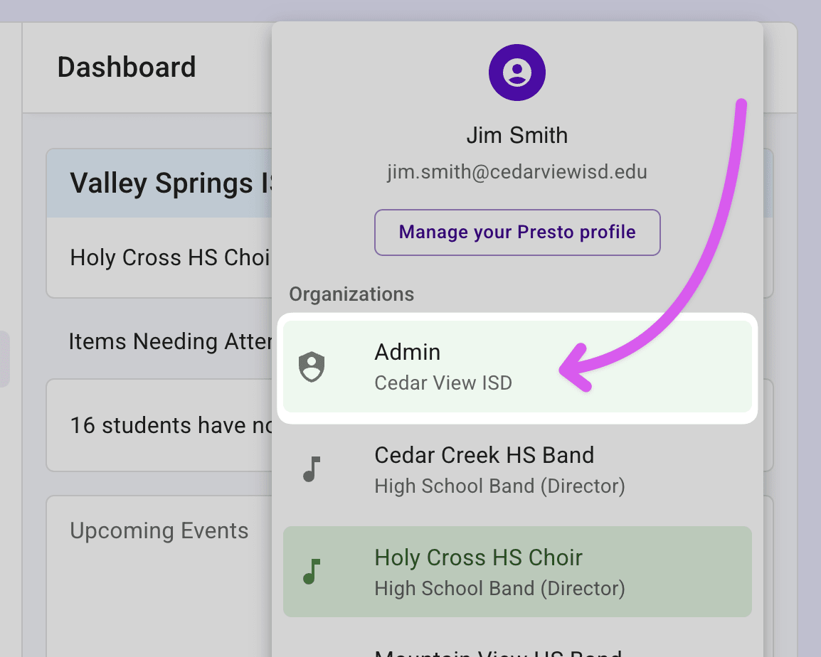 Profile menu highlighting the Admin menu item.