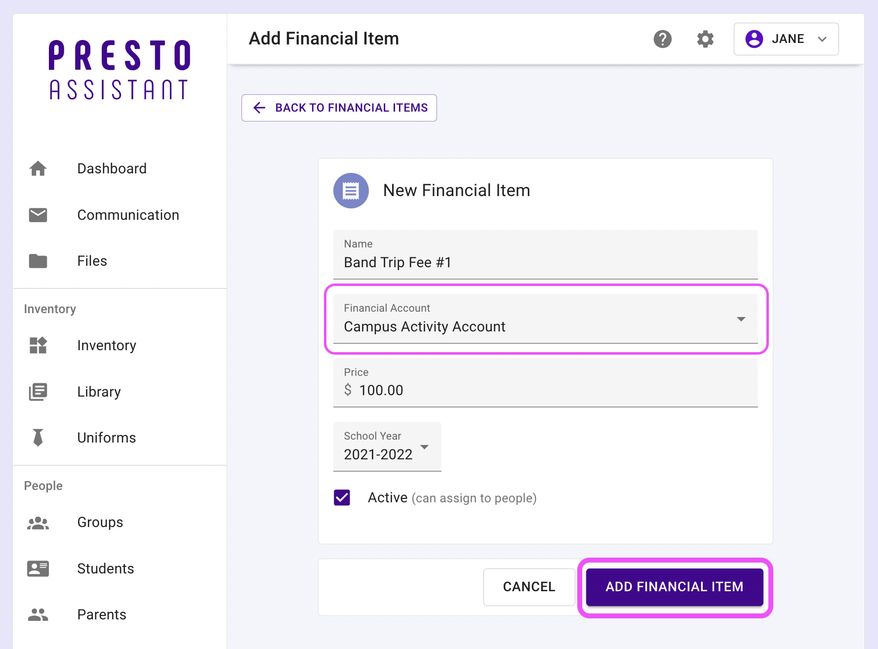 Financial Item form highlighting financial account and submit button.