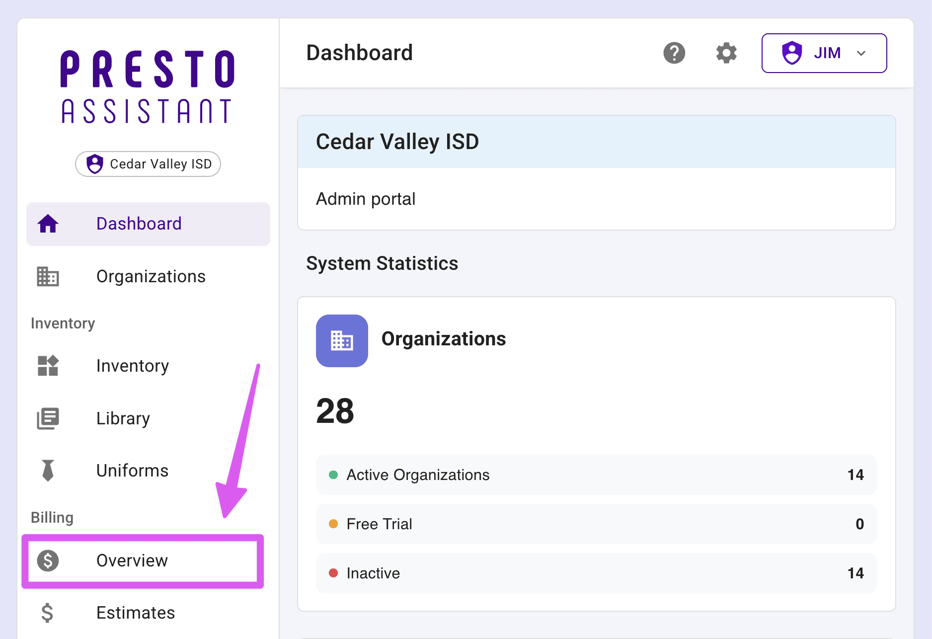 Dashboard with arrow pointing at Overview in left navigation menu.