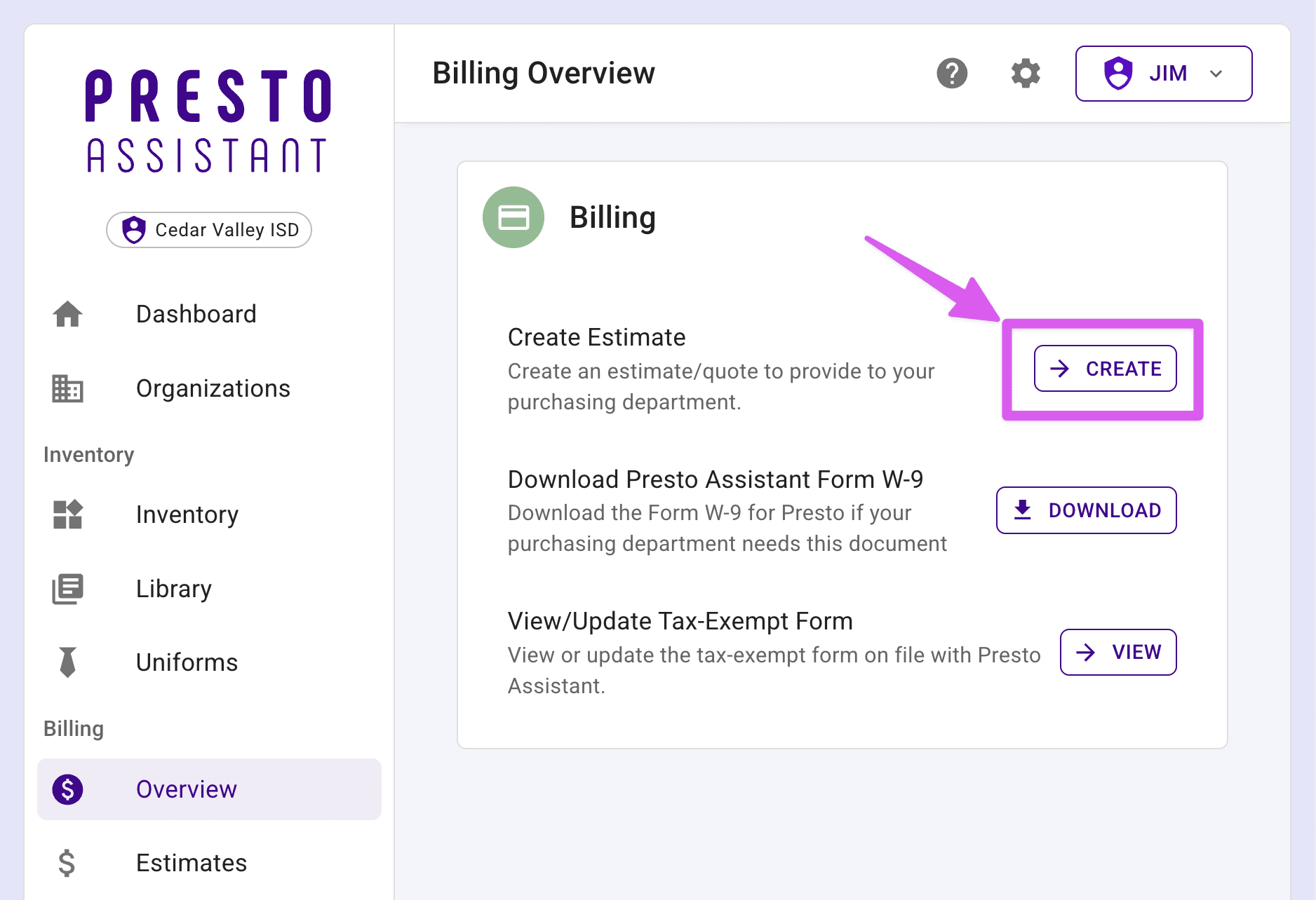 Overview with arrow pointing at the Create button.