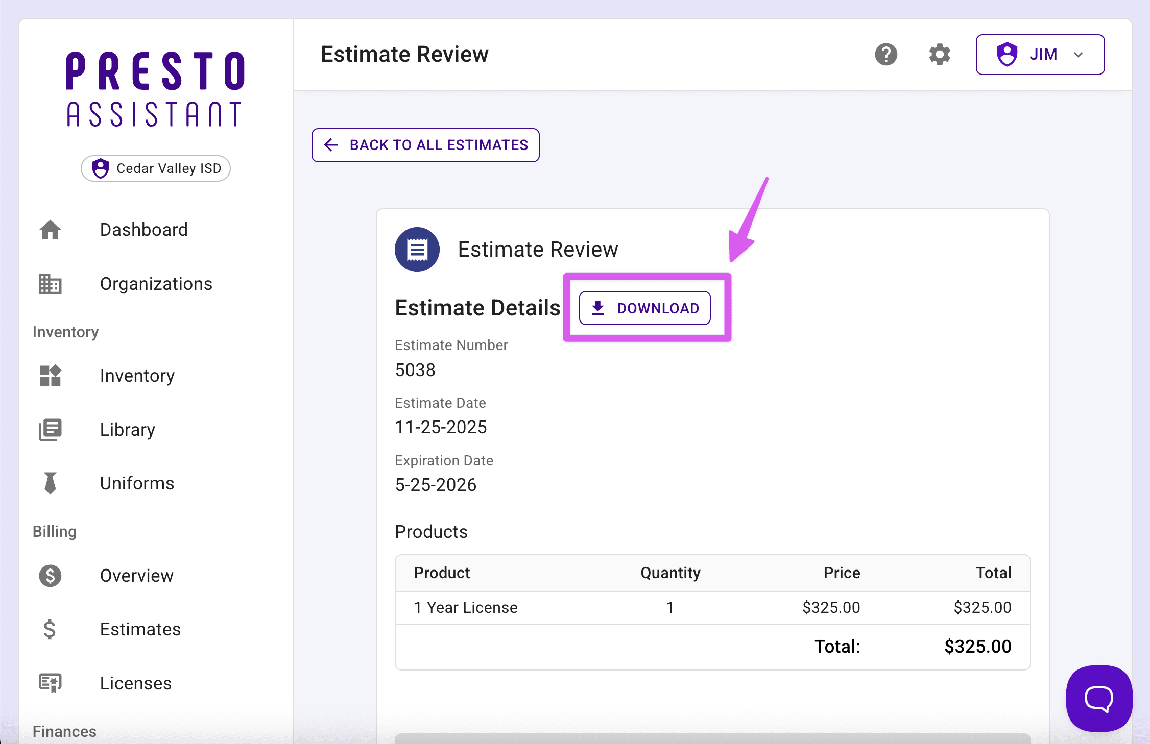 Estimate Review with arrow pointing at the Download button.