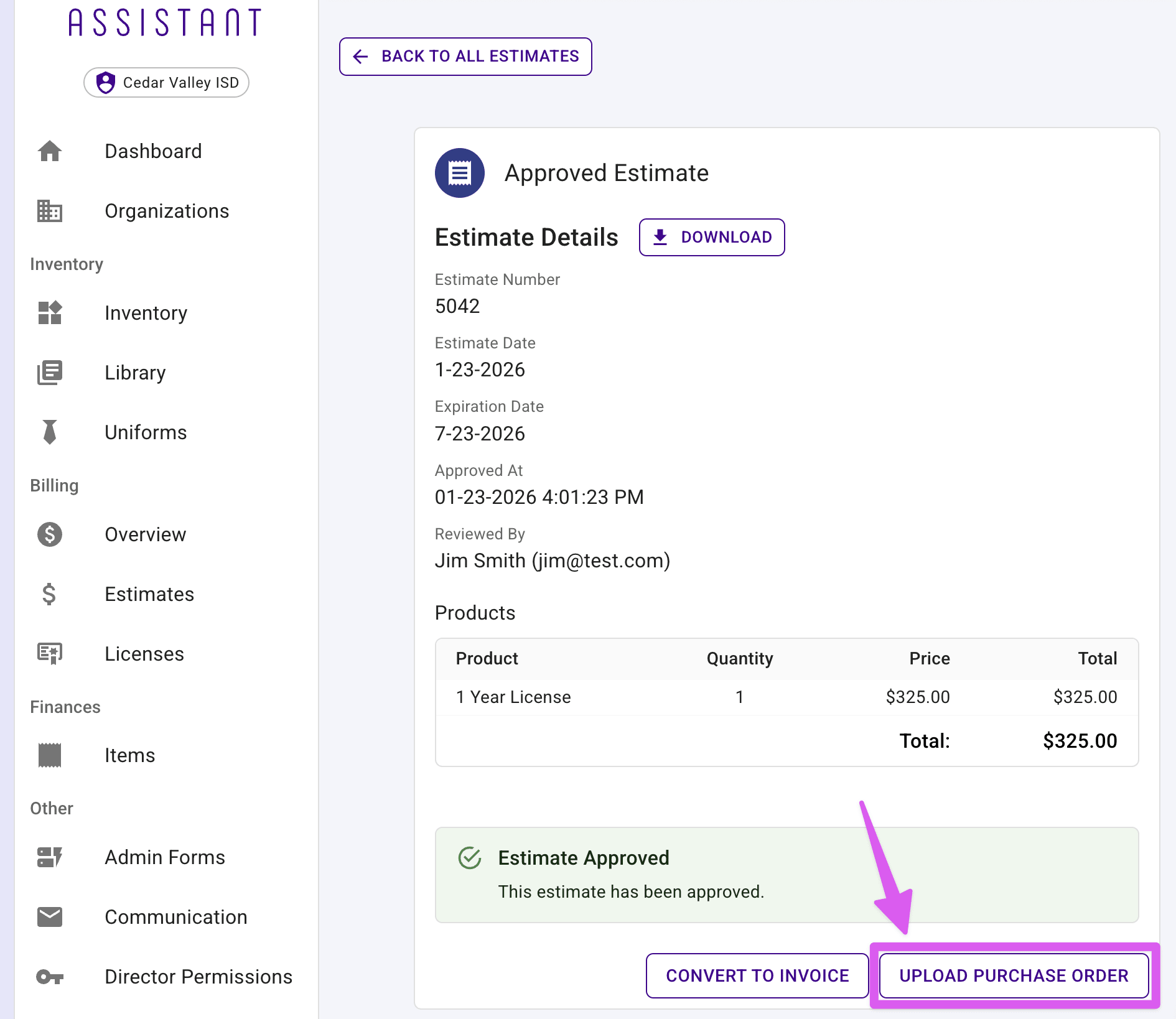 Estimate page with arrow pointing at the Upload Purchase Order button.