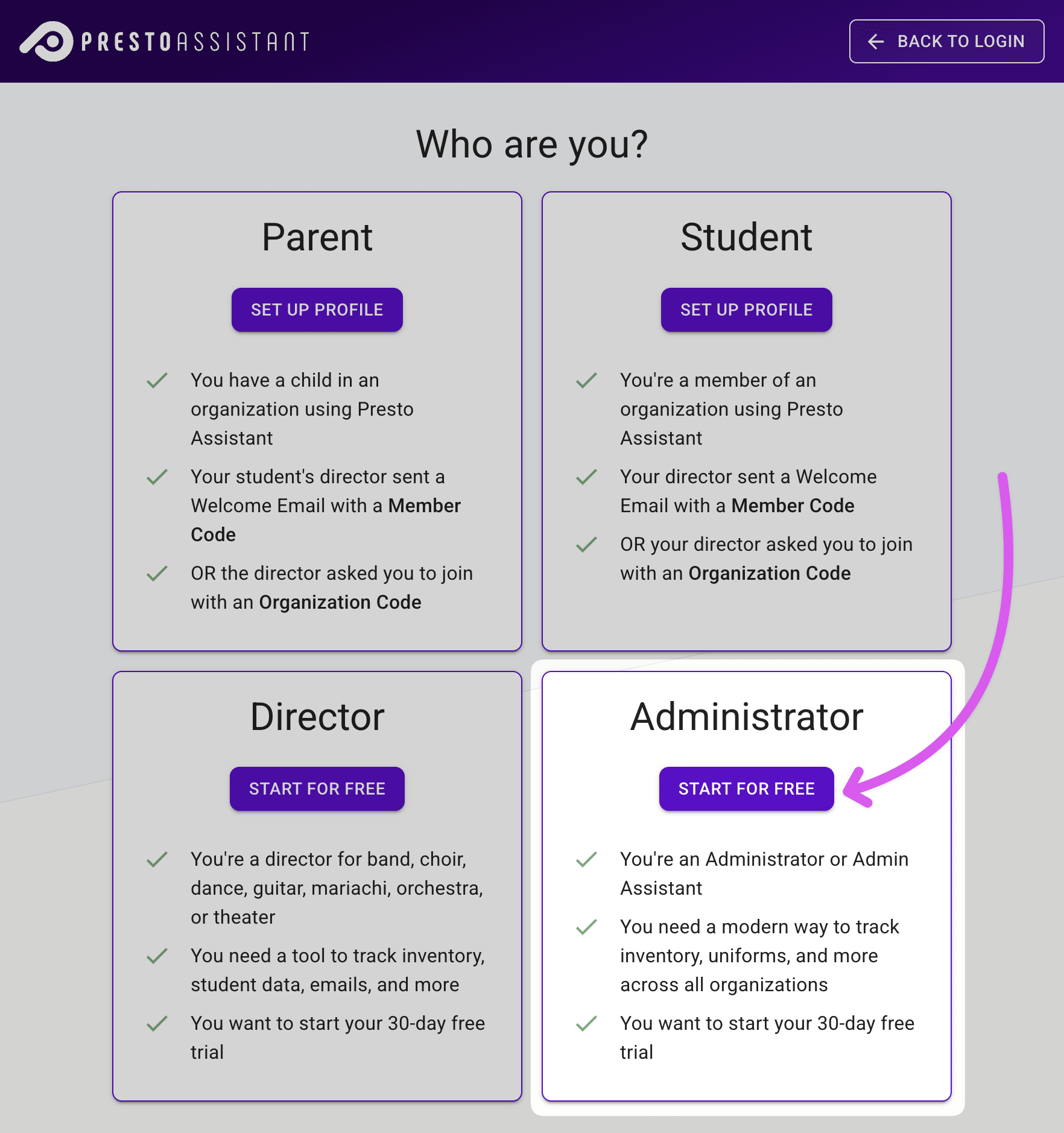 Sign up page showing Parent, Student, Director, and Administrator options with Administrator highlighted.