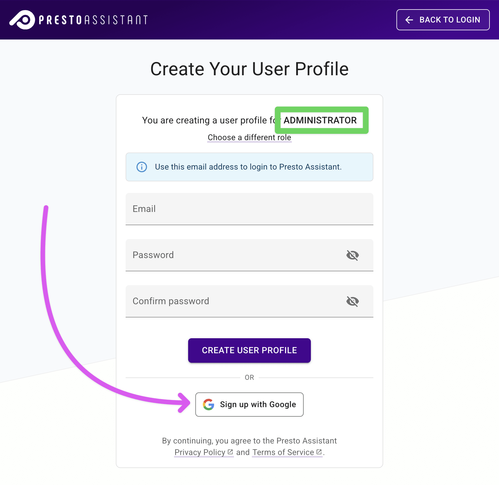 Sign up form highlighting the Administrator role at the top and the Sign up with Google button in the middle.