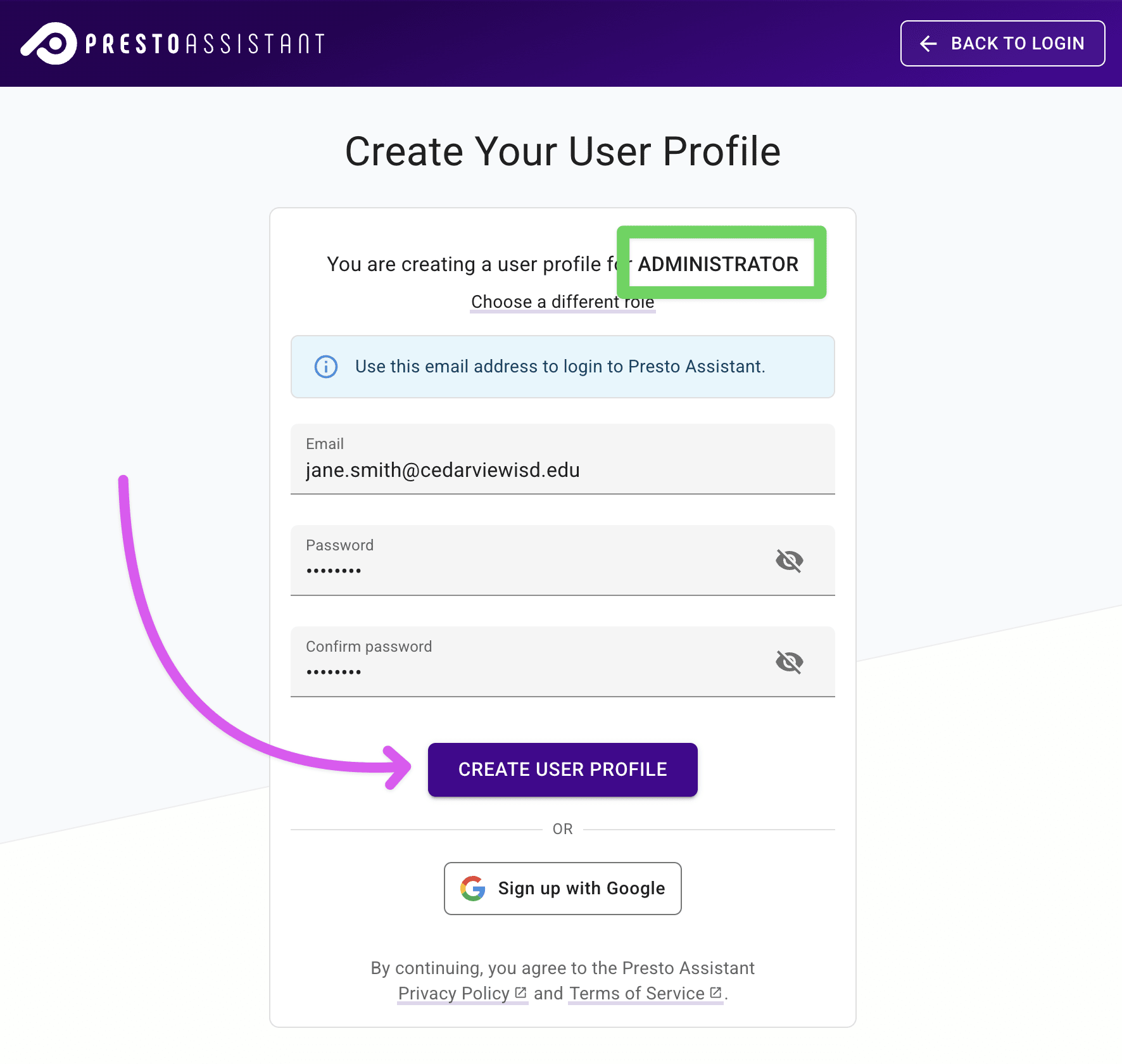 Sign up form highlighting the Administrator role at the top and the submit button at the bottom.