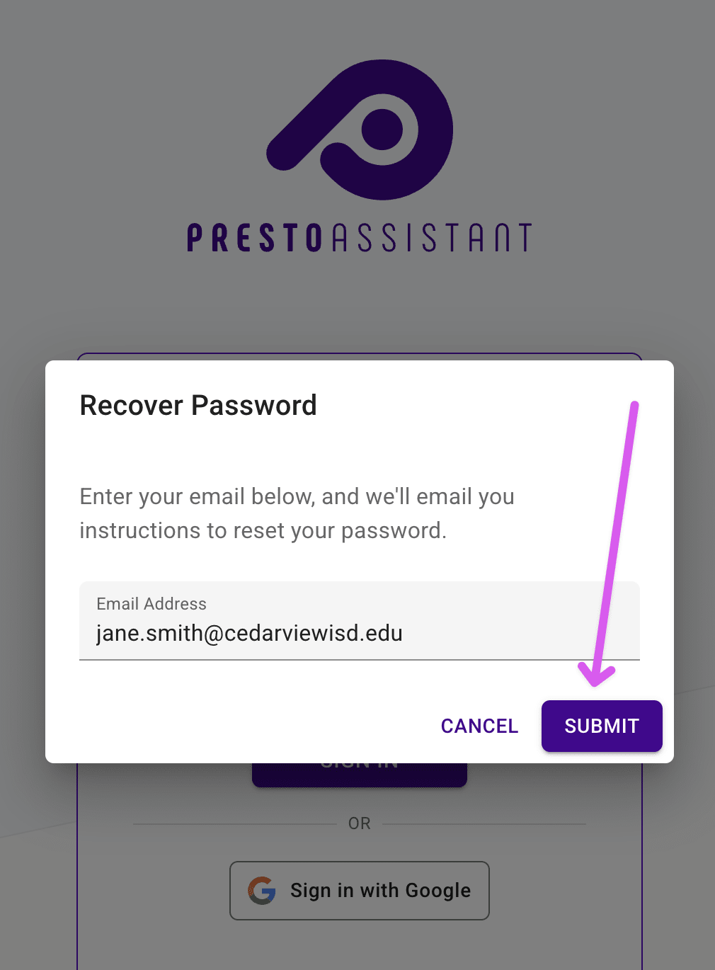 Recover password dialog highlight the submit button.