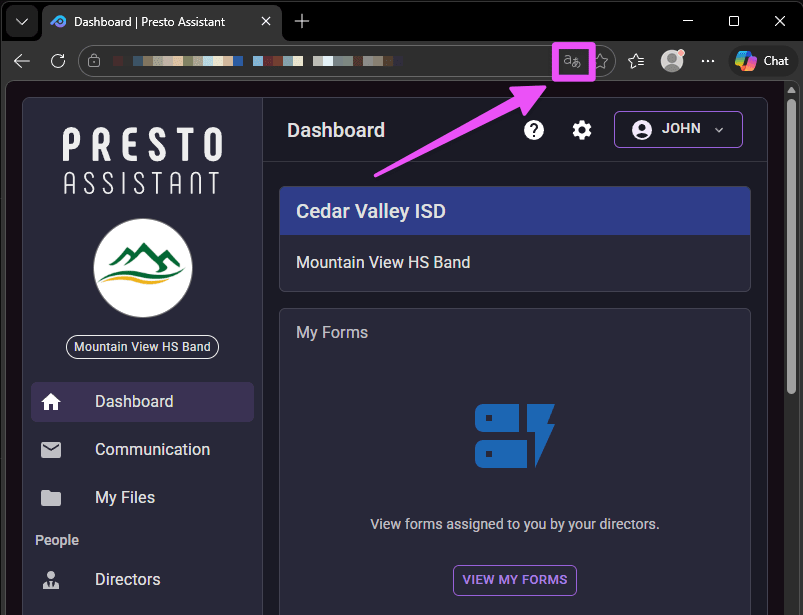 Icono de Traducir en Microsoft Edge en Windows, mostrando cómo traducir la página al español